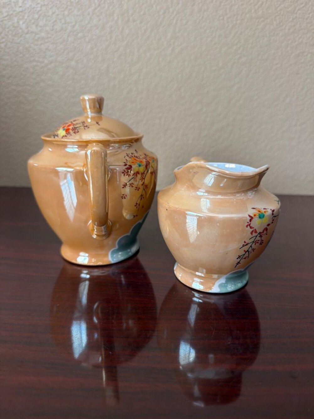 Vintage Hand Painted Japanese Peach Lusterware Sugar Bowl & Creamer Set Bluebird - Picture 7 of 12
